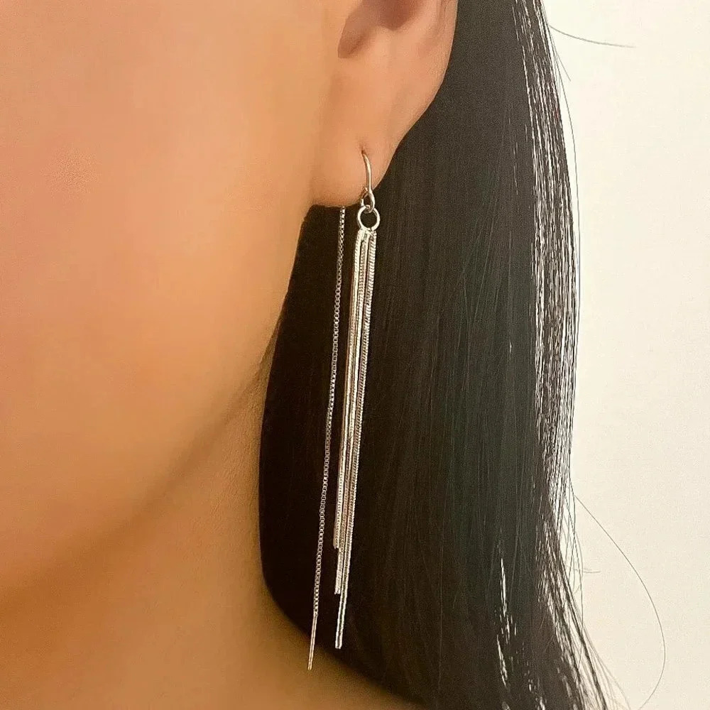 925 Sterling Silver Dangle Long Drop Earrings Silver Threader Earrings